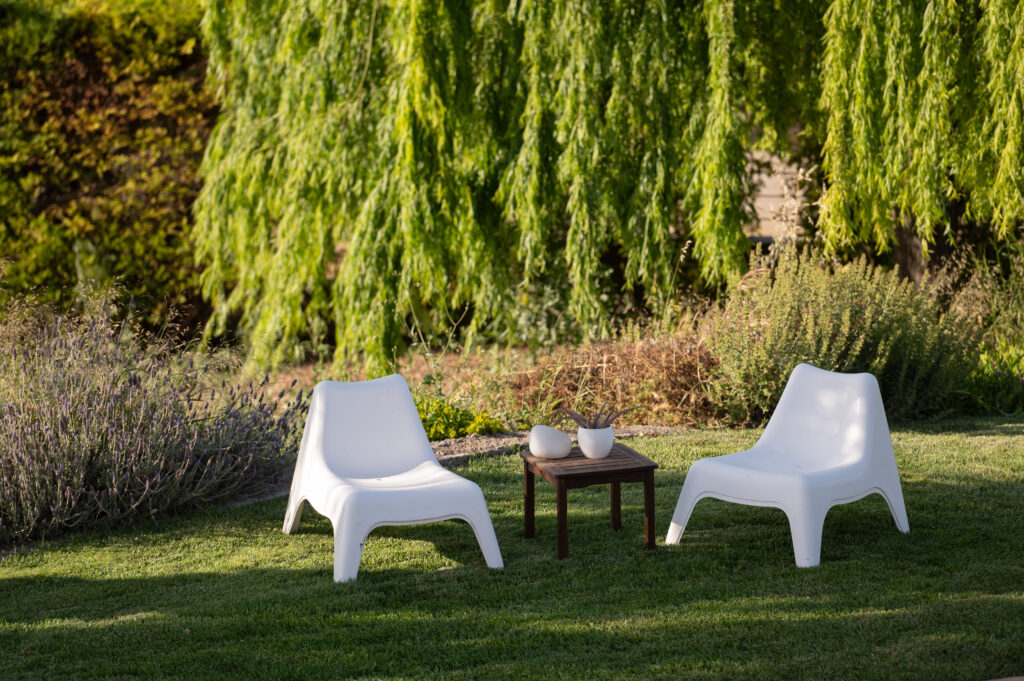 Cozy garden seating spot surrounded by plants and grass